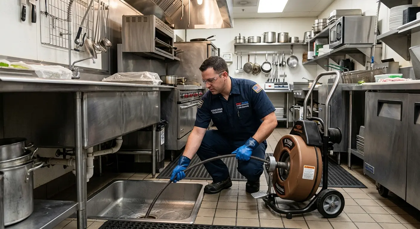 Commercial drain cleaning service in a restaurant kitchen in Oregon