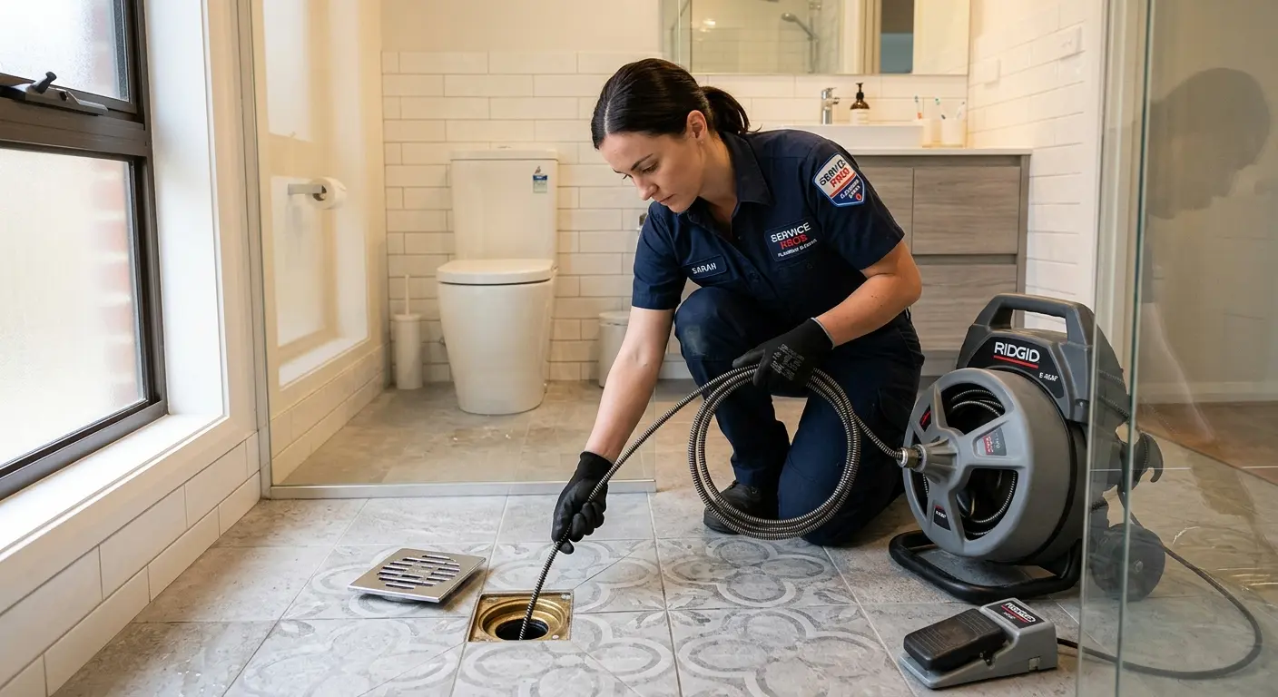 Technician clearing a bathroom floor drain for Sewer Line Replacement in Oregon